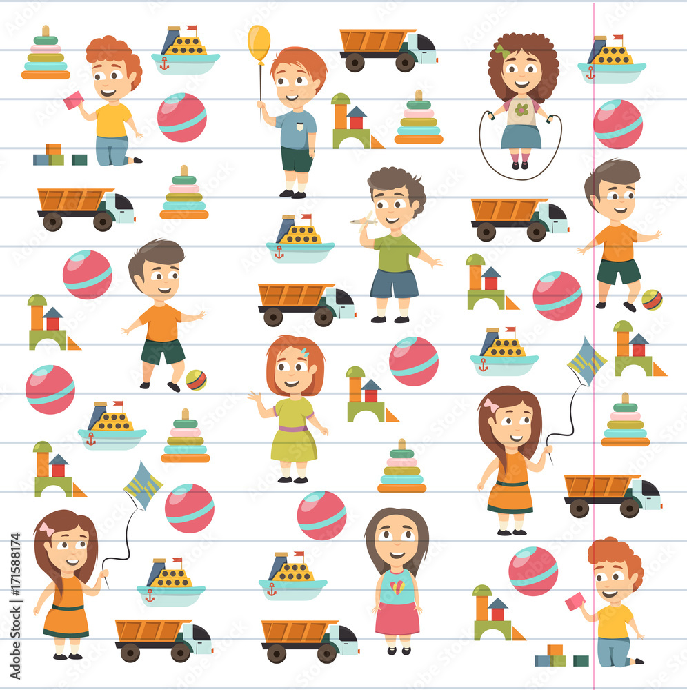 Kindergarten Vector flat icons for advertising brochure. Ready for your designs. Children play. Kindergarten kids with toys. Funny cartoon character. Vector illustration Kindergarten Vector flat icons for advertising brochure. Ready for your designs. Children play. Kindergarten kids with toys. Funny cartoon character. Vector illustration
