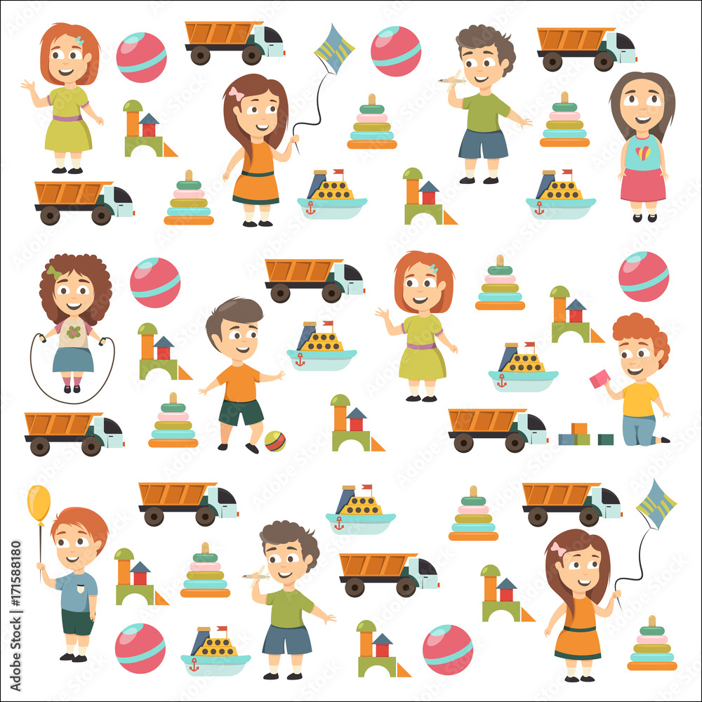 Kindergarten Vector flat icons for advertising brochure. Ready for your designs. Children play. Kindergarten kids with toys. Funny cartoon character. Vector illustration Kindergarten Vector flat icons for advertising brochure. Ready for your designs. Children play. Kindergarten kids with toys. Funny cartoon character. Vector illustration