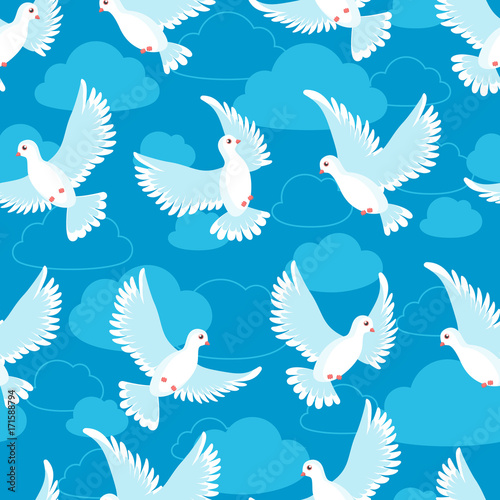 Seamless pattern from beautiful shiny white dove flying way up. Vector background texture. background