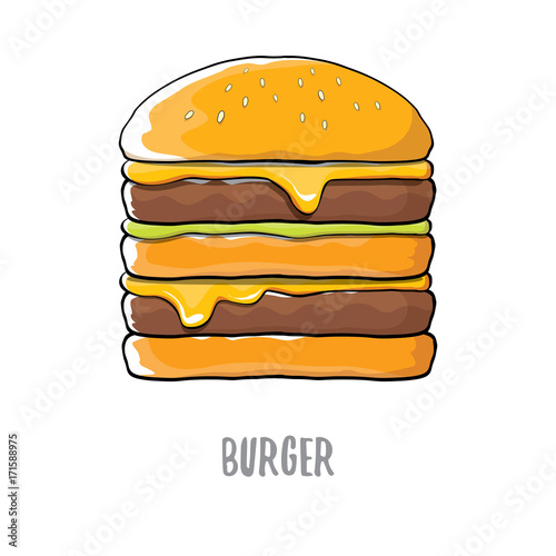 vector cartoon burger with cheese, meat and salad icon isolated on white background.