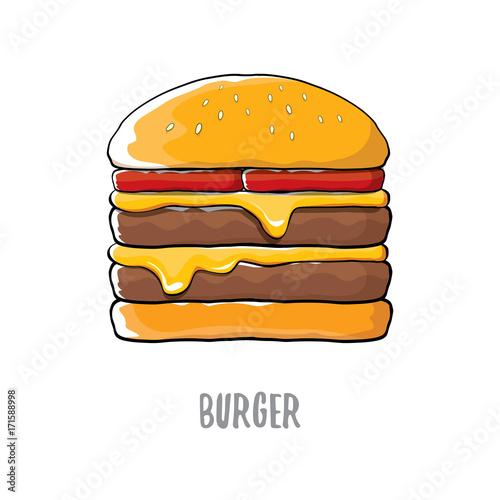vector cartoon burger with cheese, meat and salad icon isolated on white background.