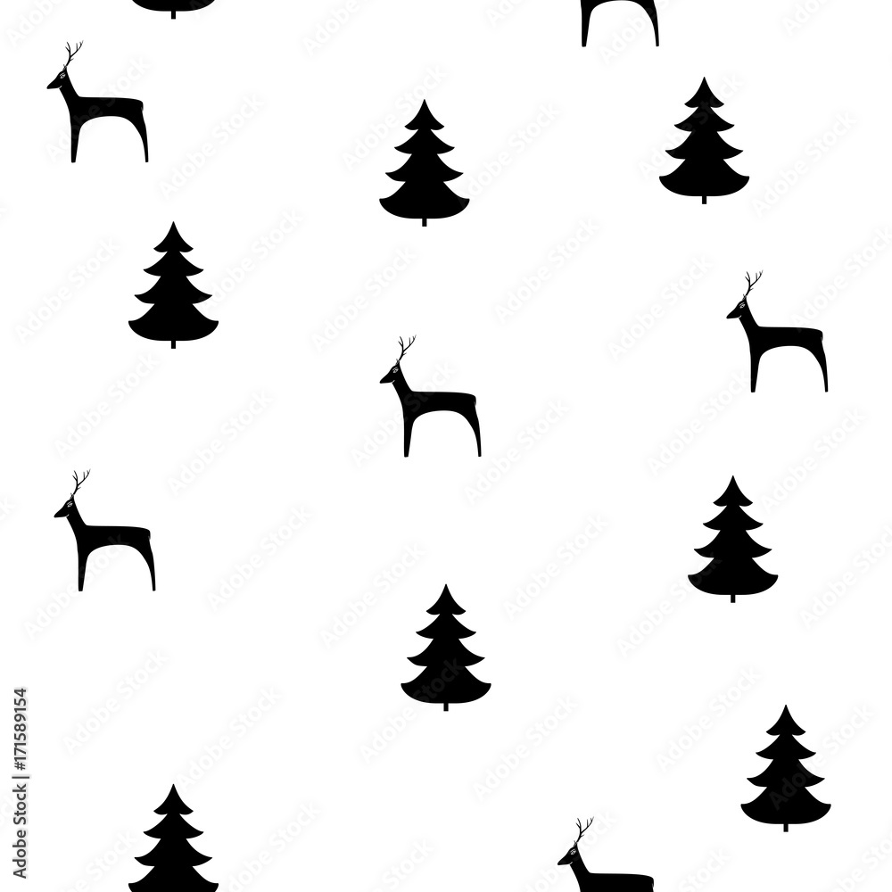 Naklejka premium Deer and christmas tree seamless pattern