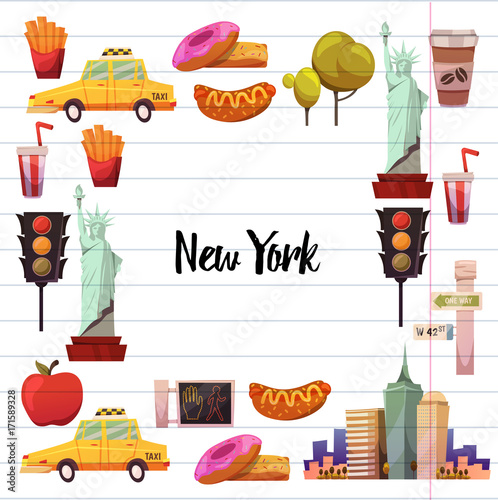 New york Set Vector pattern with flat icons Taxi, apple, donut, statue of Liberty New york Usa travel