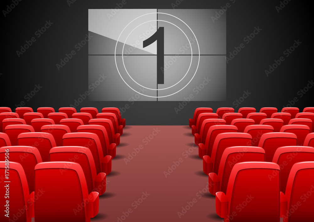 Fototapeta premium Cinema auditorium with red seats and film screen. Vector illustration