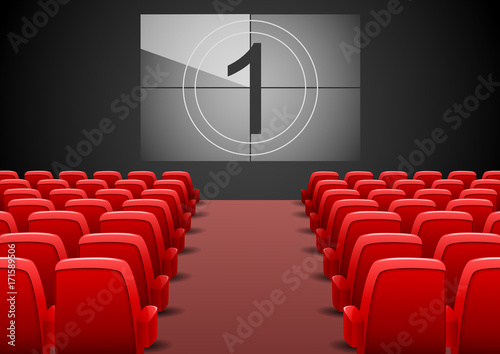 Cinema auditorium with red seats and film screen. Vector illustration