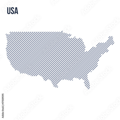 Vector abstract hatched map of the United States of America with oblique lines isolated on a white background.