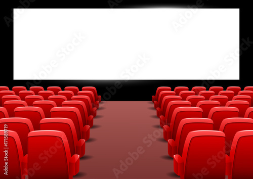 Cinema auditorium with red seats and blank screen. Vector illustration