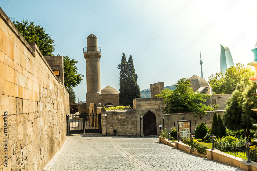 Old ancient wall perspective view with old islamic mosque