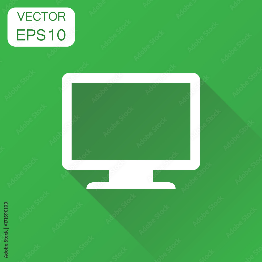 Computer monitor icon. Business concept tv screen pictogram. Vector illustration on green background with long shadow. Computer monitor icon. Business concept tv screen pictogram. Vector illustration on green background with long shadow.