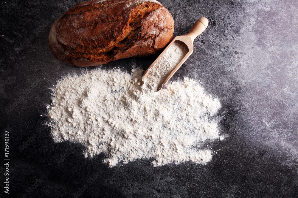 gluten free breads and flour on grey background gluten free breads and flour on grey background