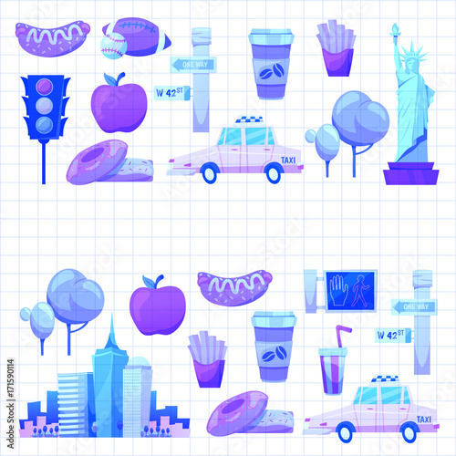 New york Set Vector pattern with flat icons Taxi, apple, donut, statue of Liberty New york Usa travel