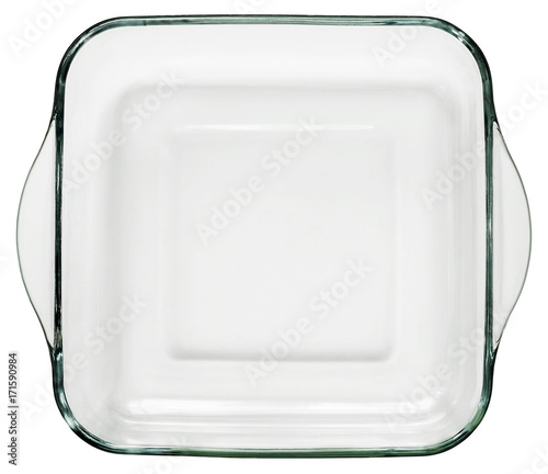 Rounded Square Glass Baking Pan With Curved Handles Isolated On White Background