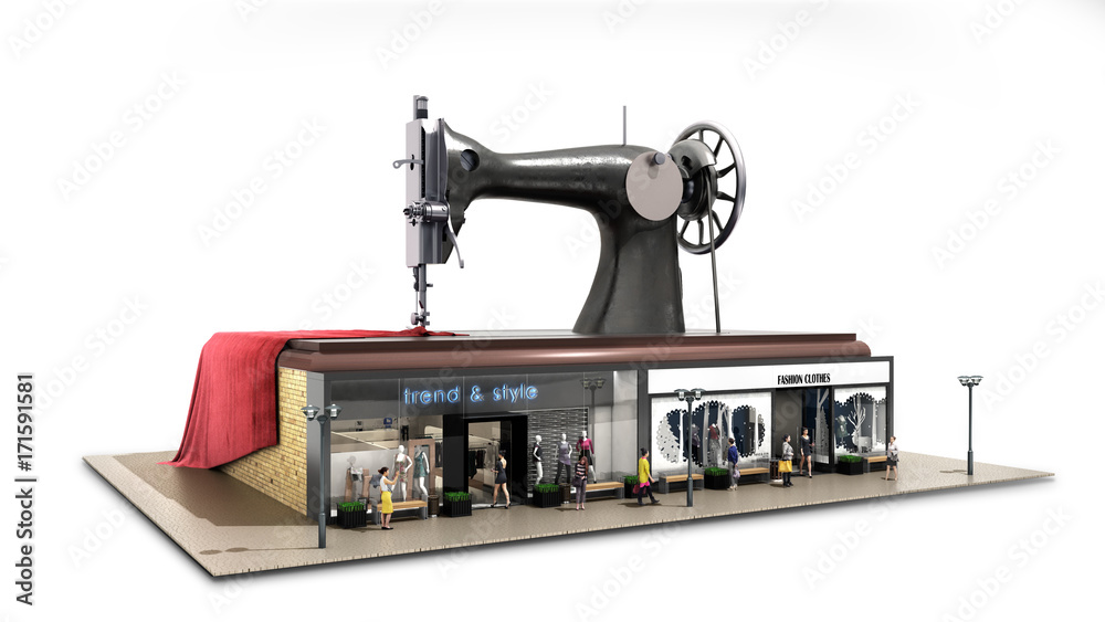 garment industry a concept for the production of branded clothes sewing machine is on the roofs of boutiques 3d render on white garment industry a concept for the production of branded clothes sewing machine is on the roofs of boutiques 3d render on white