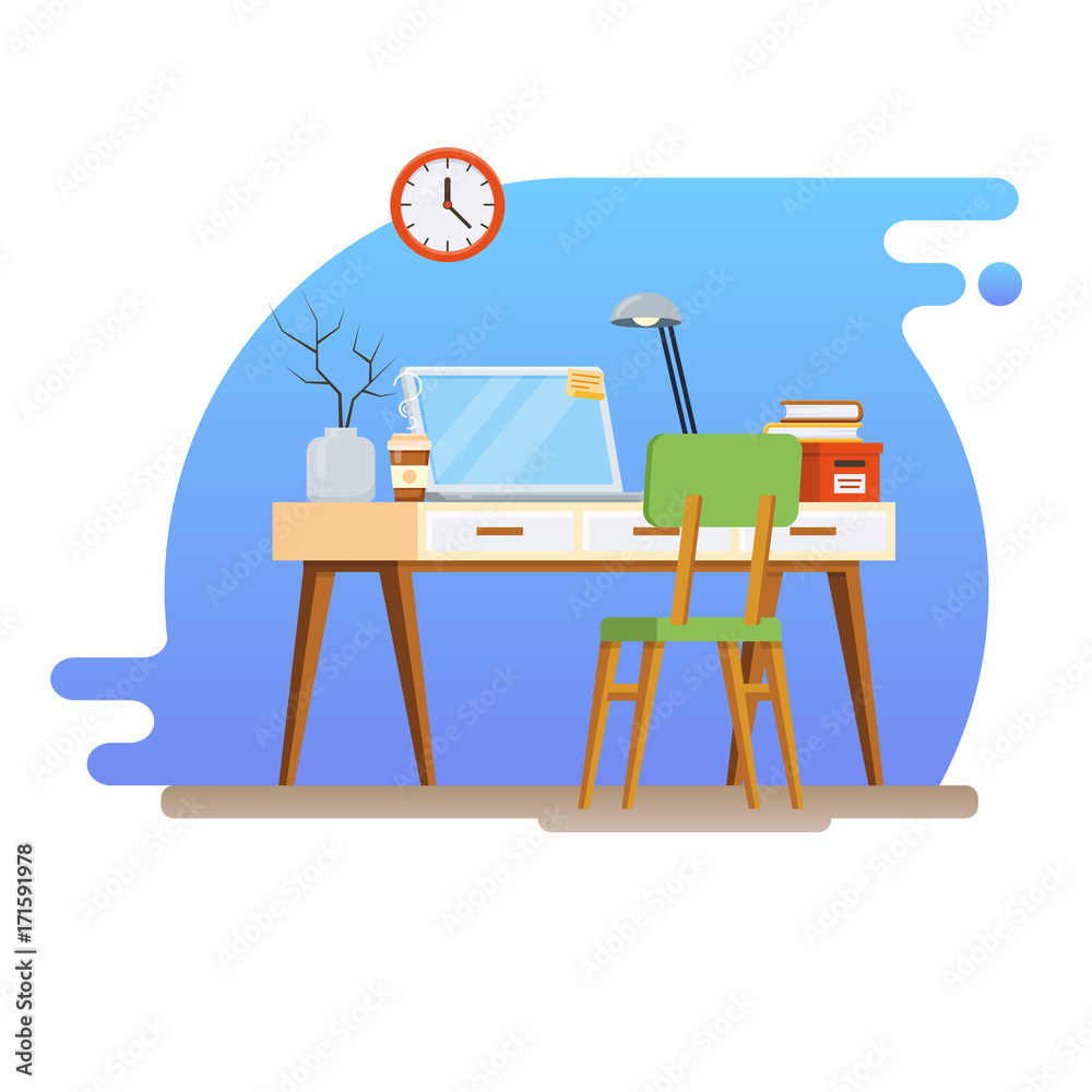 Concept of workplace with computer and office equipment. Flat vector illustration of Creative Workspace Concept of workplace with computer and office equipment. Flat vector illustration of Creative Workspace