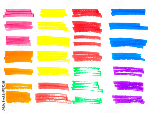 Vector color highlighter brush lines. Hand drawing.