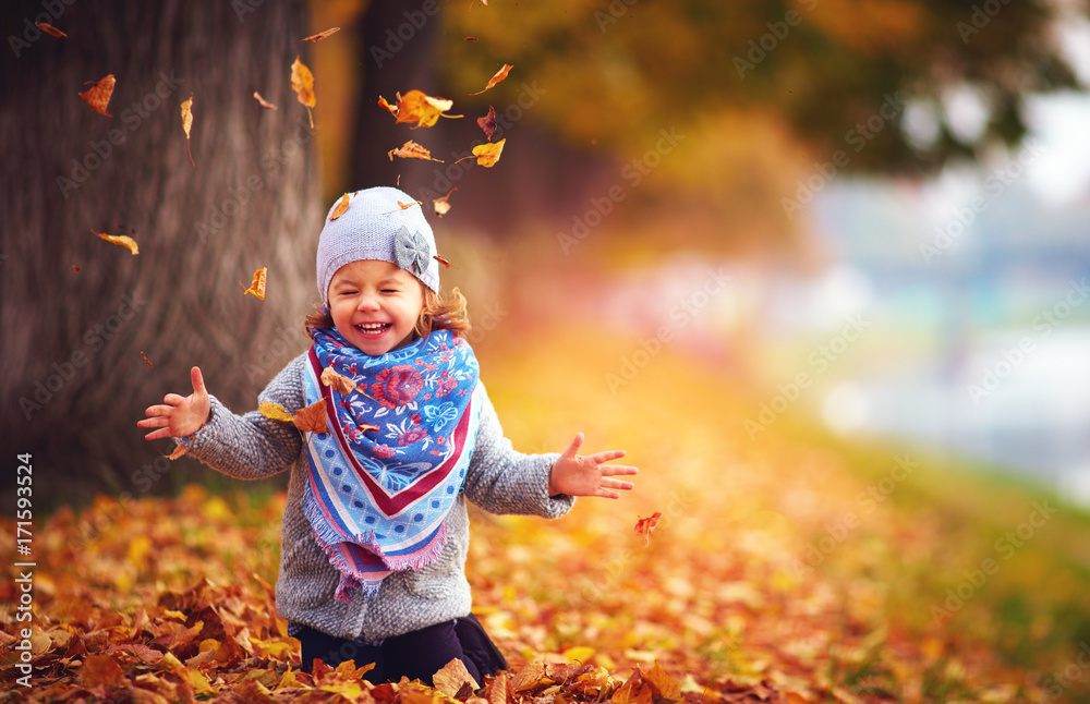 adorable happy girl playing with fallen leaves in autumn park - obrazy, fototapety, plakaty 