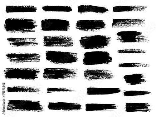 Vector black paint, ink brush stroke, brush, line or texture. Dirty artistic design element, box, frame or background for text. photo