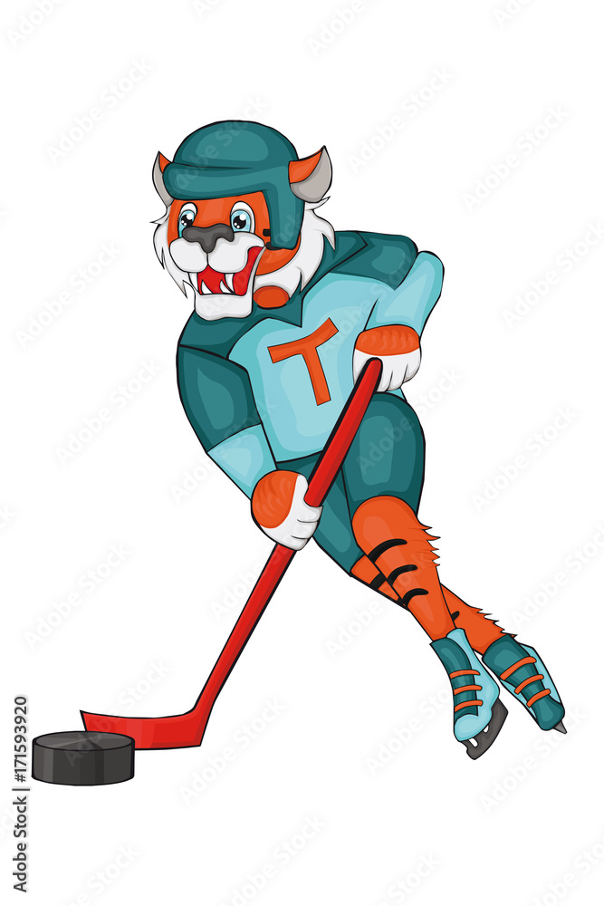 Tiger plays hockey. Cartoon style. Isolated image on white background. Clip art for children.