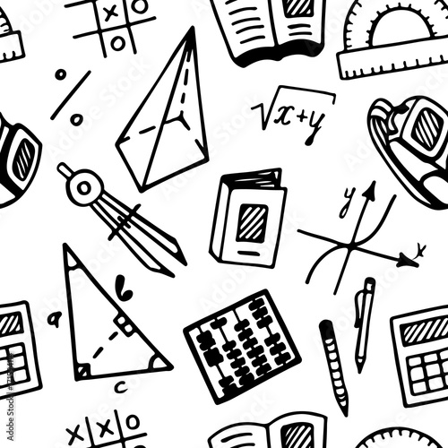 School theme, seamless pattern. Vector illustration. Mathematics. Accessories for the school, university and college. Black-white background.