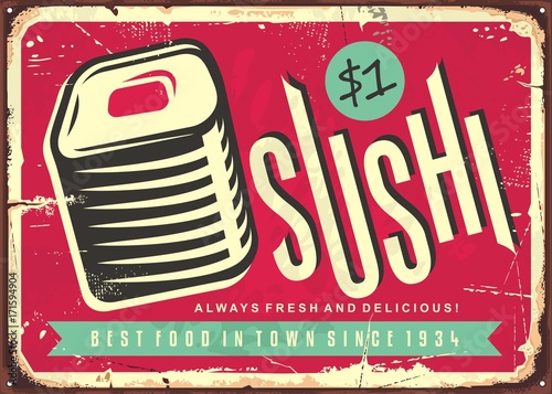 Food sign with fresh and delicious sushi. Japanese restaurant retro sign design.
