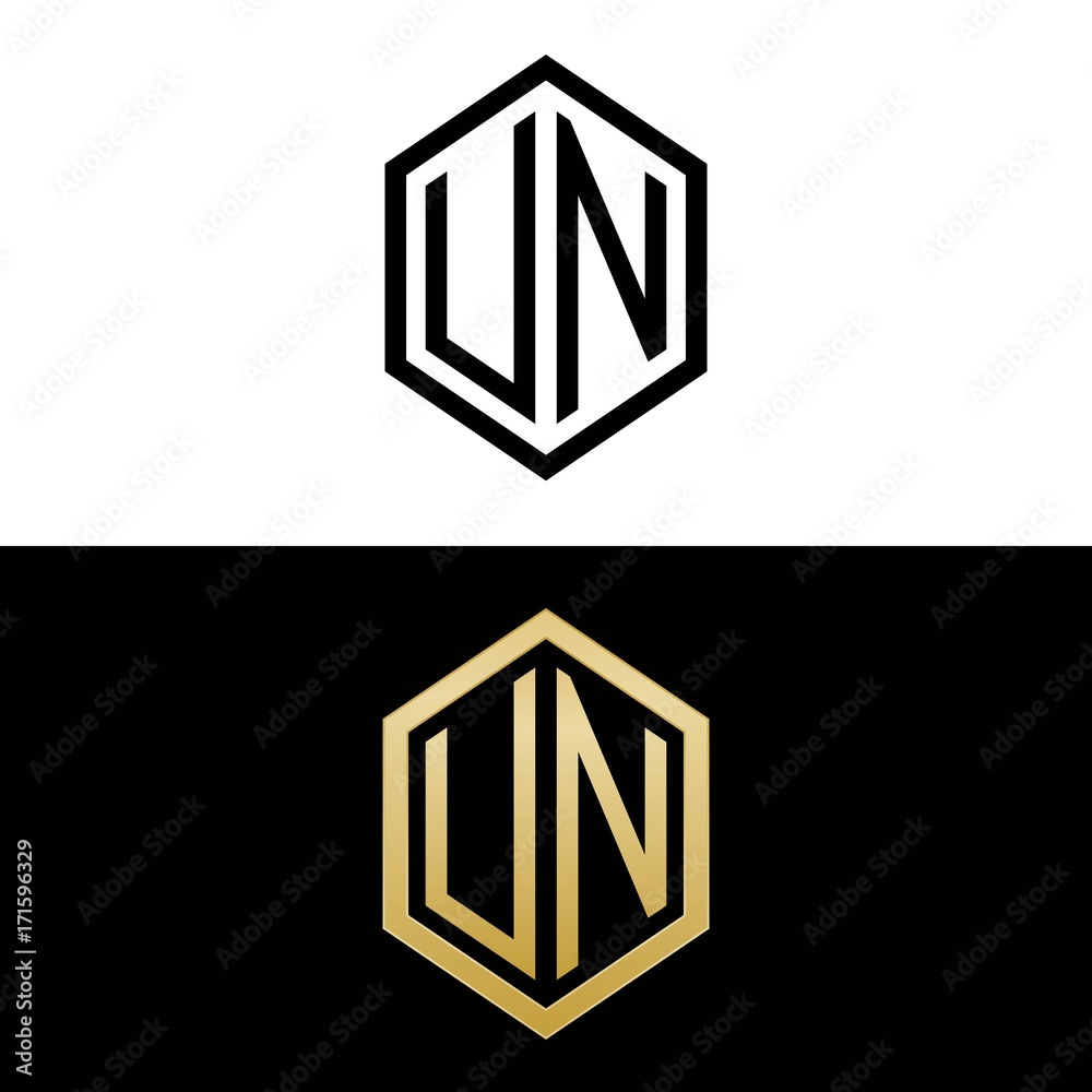 initial letters logo un black and gold monogram hexagon shape vector initial letters logo un black and gold monogram hexagon shape vector
