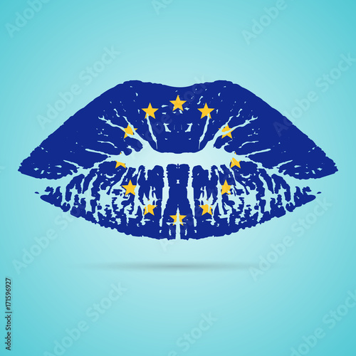 European Union Flag Lipstick On The Lips Isolated On A White Background. Vector Illustration. Kiss Mark In Official Colors And Proportions. Independence Day photo