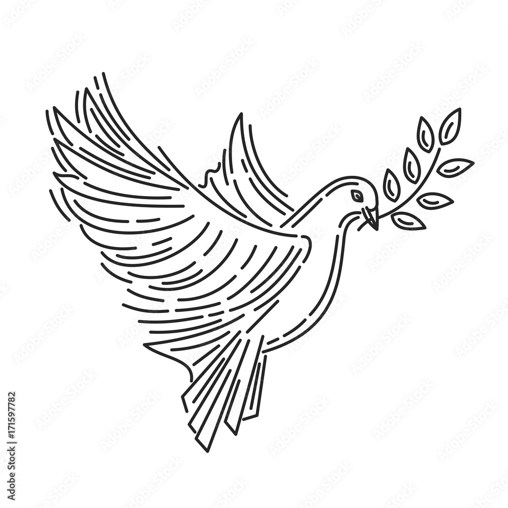 Obraz premium Pigeon of peace with an olive branch in its beak. Dove of peace. Symbol of peace. Line icon design. Vector illustration