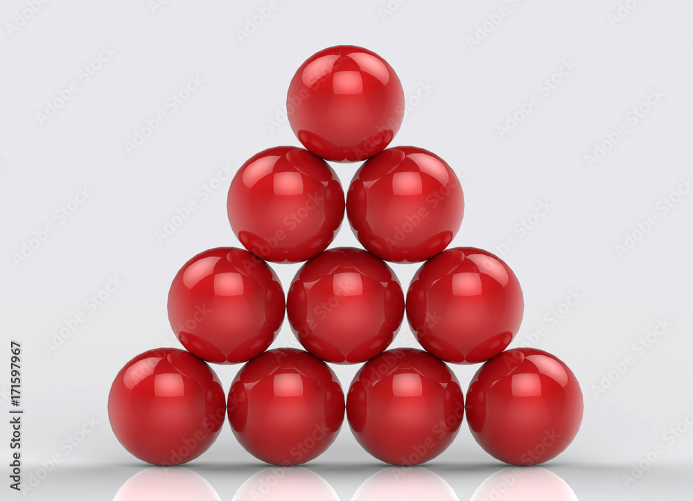 3d rendering. Rack of red billiard balls on gray background 3d rendering. Rack of red billiard balls on gray background