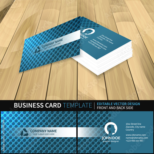 Blue business card template with a circle pattern and shine. Vector illustration with front and back side.