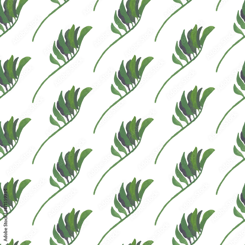 Watercolor seamless pattern, floral background. Green leaves.