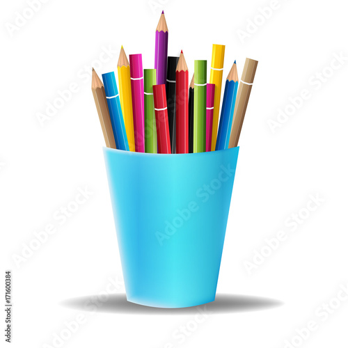 Vector pencils in blue plastic or glass cup