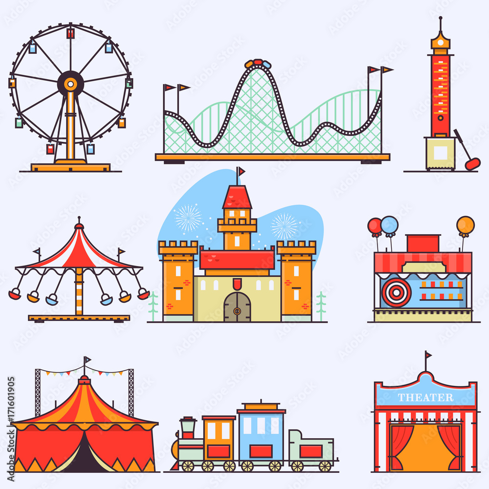 Amusement park vector flat elements isolated on white background.Linear style illustrations isolated on white. Amusement park vector flat elements isolated on white background.Linear style illustrations isolated on white.