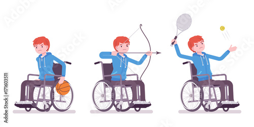 Male young wheelchair user doing sport activity