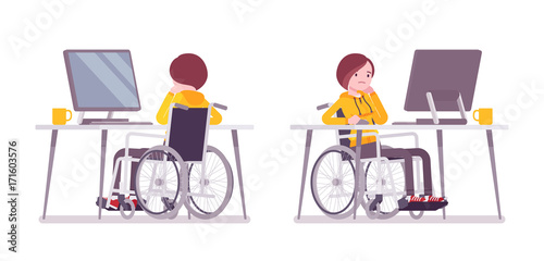 Female young wheelchair user working with computer