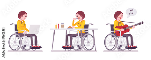 Female young wheelchair user with laptop, eating, singing