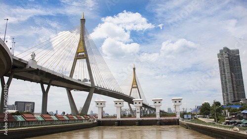 View landscape and cityscape of Amphoe Phra Pradaeng at Bhumibol Bridge with Chao phraya river