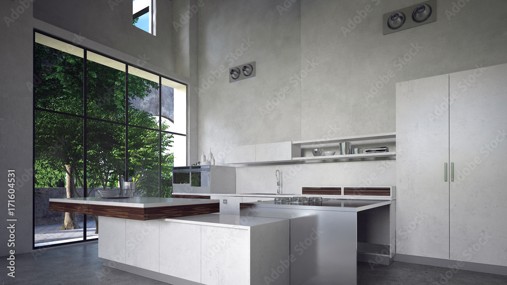 Moderne Küche mit Kücheninsel in Beton Loft Stock Illustration | Adobe Stock