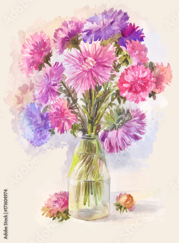 watercolor bouquet of lilac aster
