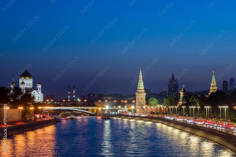 moscow cityscape, view of Moscow Kremlin and embankment of Mosco