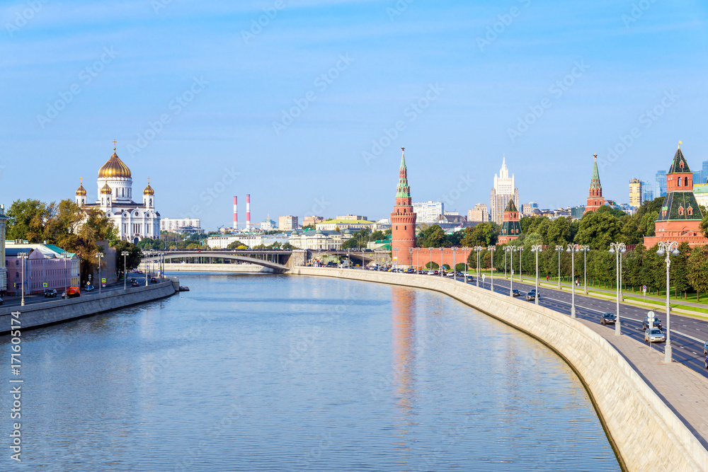 moscow cityscape, view of Moscow Kremlin and embankment of Mosco