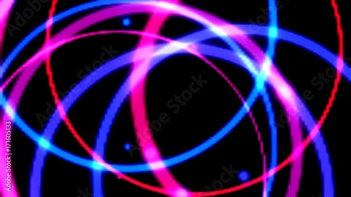 Black background. Multi-colored circles chaotically move