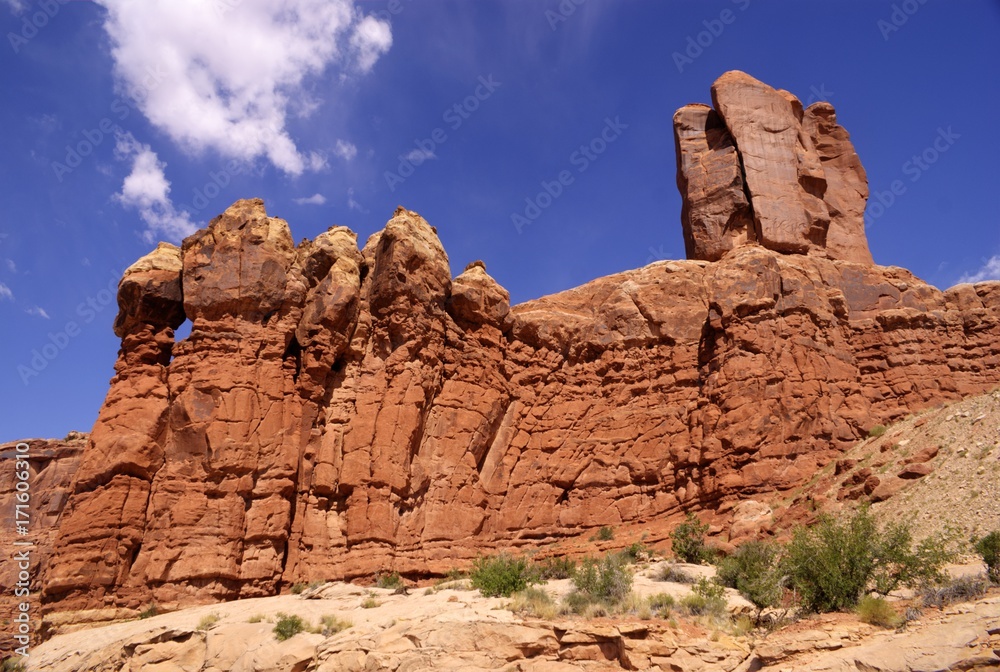 Fototapeta premium Eroded Navajo Sandstone Towers Above the Deseret in Arches National Park