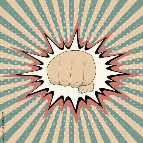 Vector pop art cartoon fist comic book crash explosion graph, Vintage Pop Art Punching Fist Clenched hitting