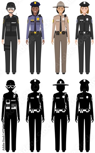 Police people concept. Set of different detailed illustration and silhouettes of SWAT officer, policeman, policewoman and sheriff in flat style on white background. Vector illustration.