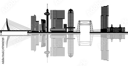 rotterdam skyline with hotel, landmarks erasmusbridge and modern architecture