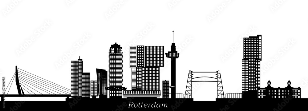 rotterdam skyline with hotel, landmarks erasmusbridge and modern