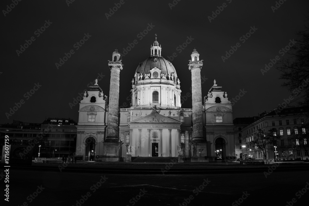 Illuminated St Charles Church at night, Vienna, Austria