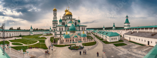 Moscow region. Istra. September 13, 2017. The Cathedral of the Resurrection of Christ in the Resurrection New Jerusalem Monastery and the Church of Constantine and Helena. Panorama.