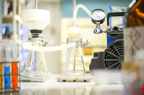 Chemical Filtration Kit by Vacuum Pump..Close up Focus on Buchner funnel.