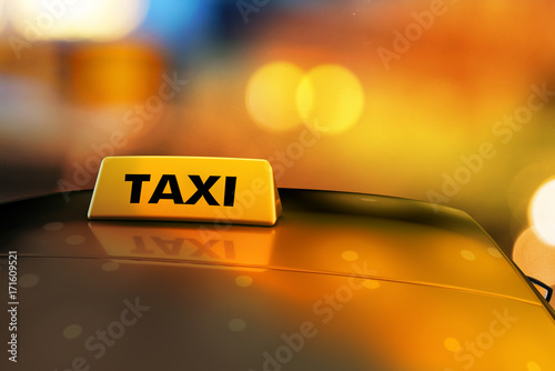 3d rendering Yellow taxi sign on the roof of car in a city street at night. Luminous neon taxi sign on bokeh big city background